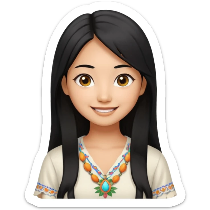 30 yr old asian woman center parted hair big eyes big smile tanned skin straight black hair hippie part hair white blouse sticker