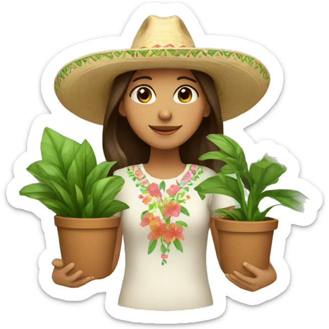 Girl with brown hair wearing a sombrero holding plants sticker