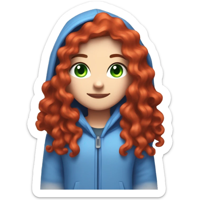 a white girl with long red curly hair, wearing periwinkle Minecraft hoodie playing a videogame sticker