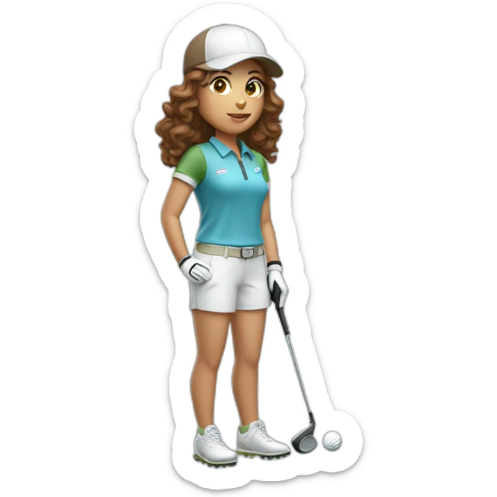 female with brown wavy hair dressed in golfwear with golf gear sticker