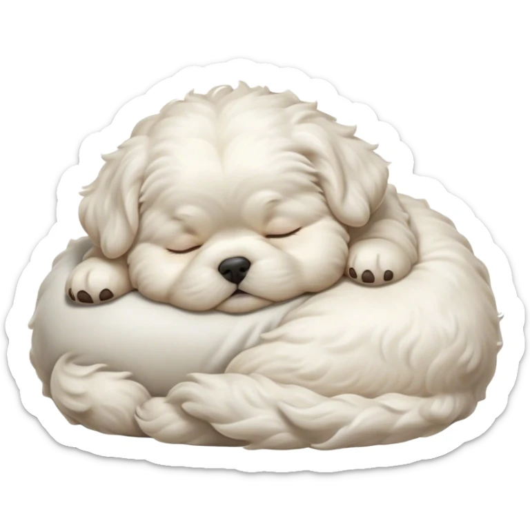 Cinematic Chubby Sleeping Wavy-Haired Maltese Dog Portrait Emoji, Chubby and serene, with a round, adorable build and a soft, wavy-haired white coat, eyes gently closed in peaceful slumber, Simplified yet irresistibly endearing features, highly detailed, glowing with a gentle, dreamy glow, high shine, relaxed and content, stylized with a touch of whimsy, bright and heartwarming, soft glowing outline, capturing the essence of a blissfully sleepy companion, so comically serene it feels like it could roll out of the screen and snore with adorable charm! sticker