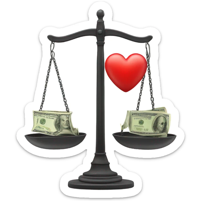 A scale, with a big red heart on one side and a wad of dollars on the other. sticker
