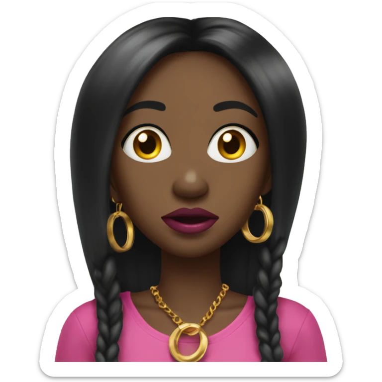 Shocked Black girl with long black straight hair and pink lipstick with gold hoop earrings and and a gold necklace  sticker