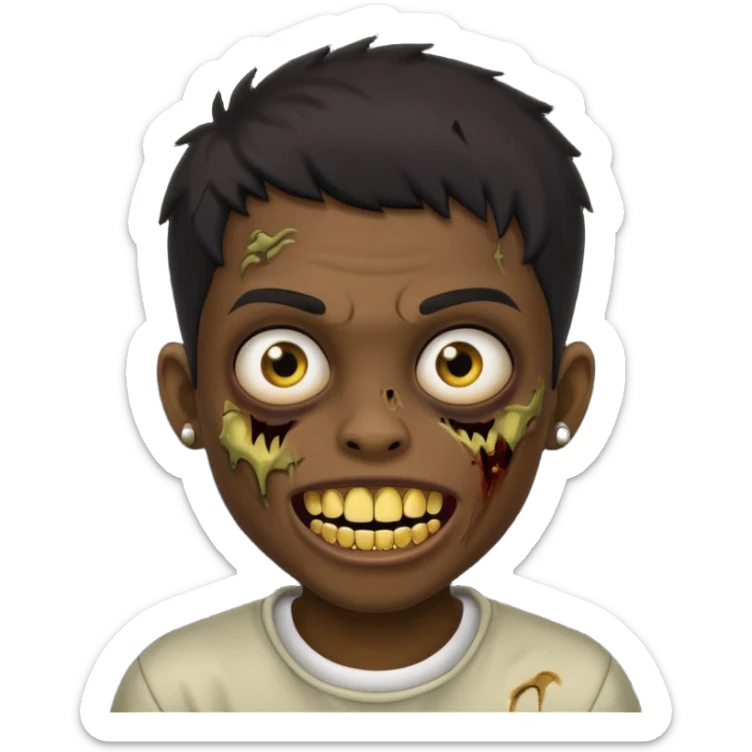 Make a boy zombie dark skin and short black 4c hair, showing a golden grilz teeth sticker