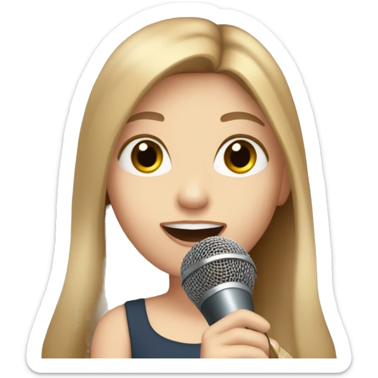 a girl with long brown hair, hazel eyes, pale skin, singing into a microphone sticker