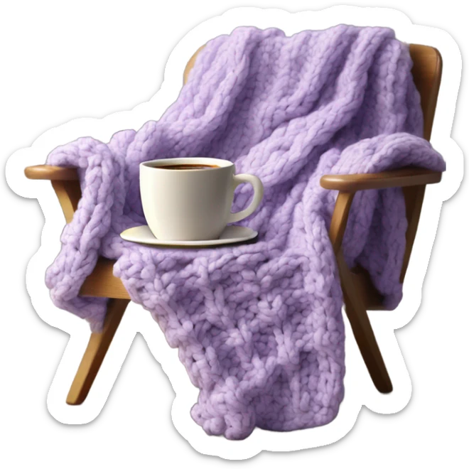 Design an inviting emoji of a chunky knit blanket folded on a comfy chair, with a cup of coffee nearby, evoking a cozy home setting.light purple sticker