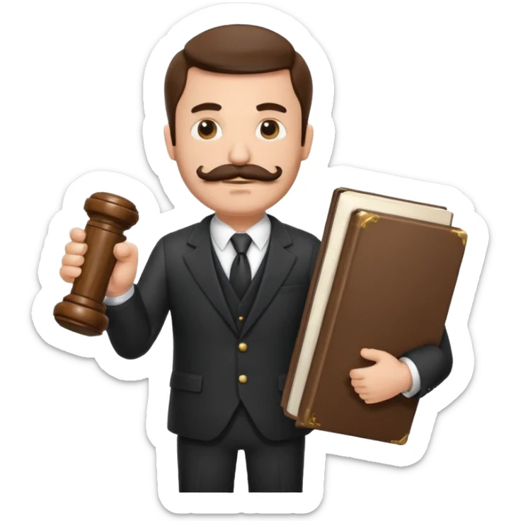 Create a male lawyer. he is wearing a fromal suit jckeret. He is holding a gavel in one hand and a book tucked under his another arm. He has a mustache and BEARD both! sticker