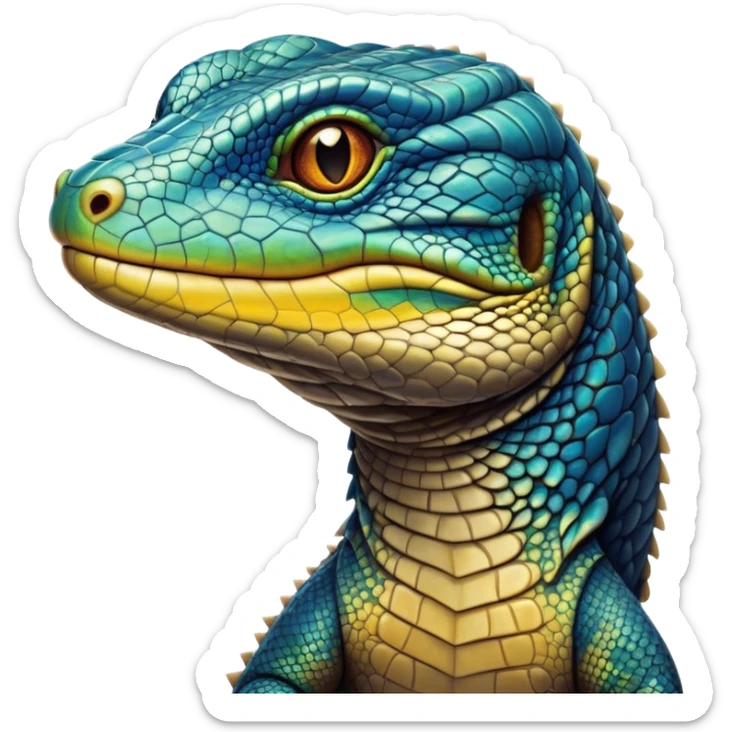 Cinematic Noble Monitor Lizard Portrait Emoji, Poised and regal, with a robust, scaled body exhibiting striking, mottled patterns and piercing, alert eyes, Simplified yet sharp and sophisticated features, highly detailed, glowing with a soft, earthy glow, high shine, intelligent and formidable, stylized with an air of ancient wilderness, focused and commanding, soft glowing outline, capturing the essence of a watchful and confident reptilian guardian that appears ready to stride out of the screen with effortless authority! sticker
