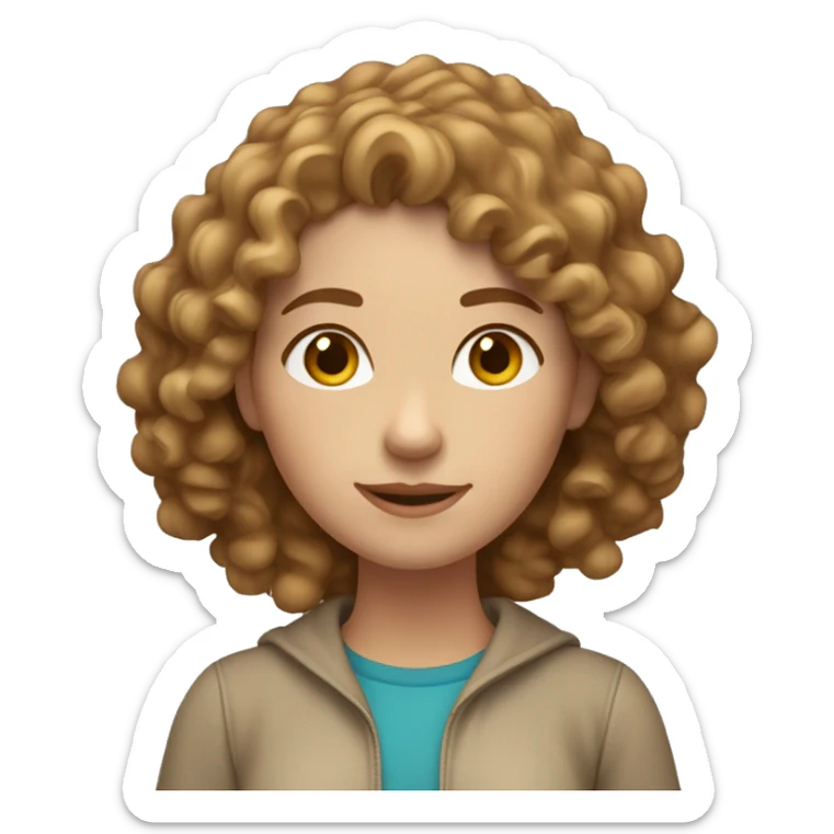 Create a 3D emoji-style image of a young woman with curly light brown hair, fair skin, and wearing neutral-colored clothing. She should have a friendly and confident expression. sticker