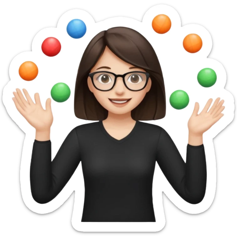 a brunette girl in a black shirt wearing glasses is  juggling  with two hands and smiling  sticker