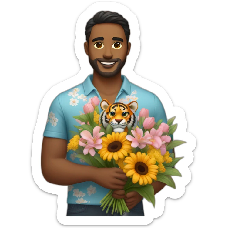 Tiger-man-with-a-Napoli-shirt-and-a-flowers-bouquet-in-his-hands sticker