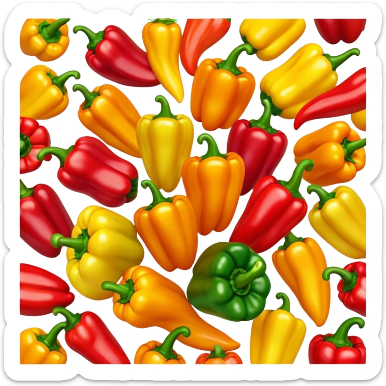 Cinematic bright colorful peppers, glossy and fresh, arranged in a vibrant mix of red, yellow, and green, warm glowing background, fresh and lively. sticker