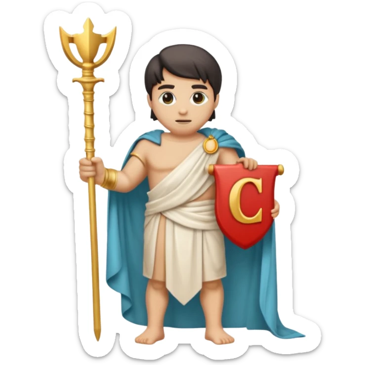 realistic emoji of the letter C, resembling an ancient Greek statue, marble texture, draped in a toga, holding a scepter or hourglass, symbolizing Chronos sticker