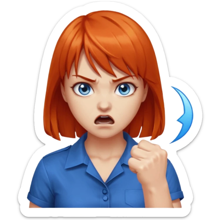 A woman with dark orange hair and bangs, blue eyes, an asmr streamer, angry, clenching his fist sticker