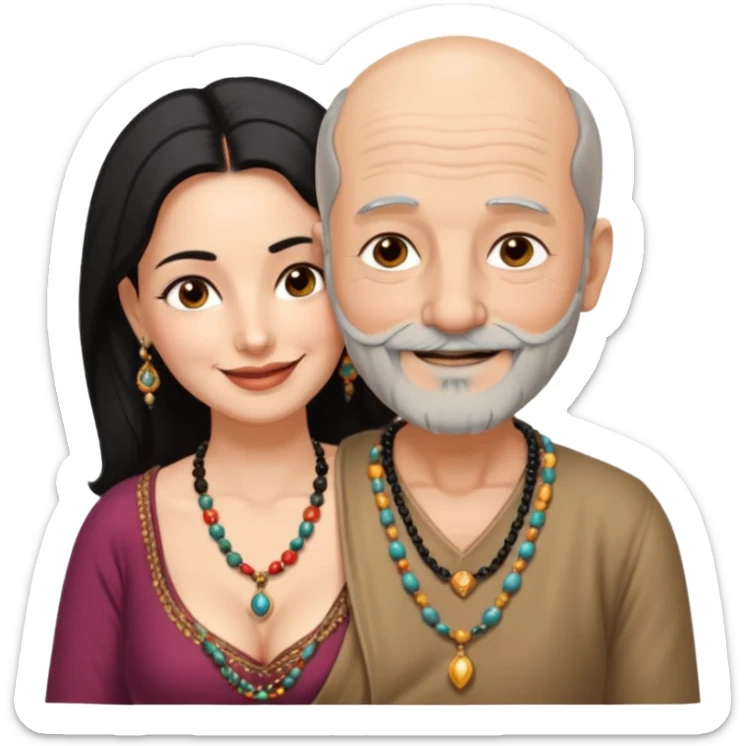 I want an old man with balding and grey beard  wearing no jewelery and a woman in her 40s with dark black hair parted in indian woman style wearing a beads chain  with the cleavage of the woman visible in a passionate embrace, both must be blissfully smiling sticker