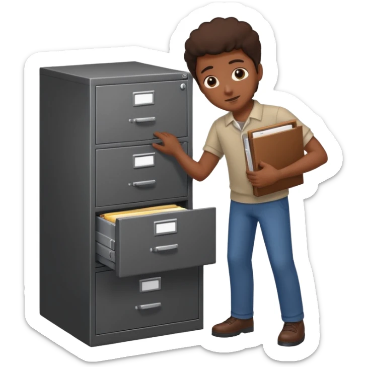 A black person opening a filing cabinet to search for file sticker