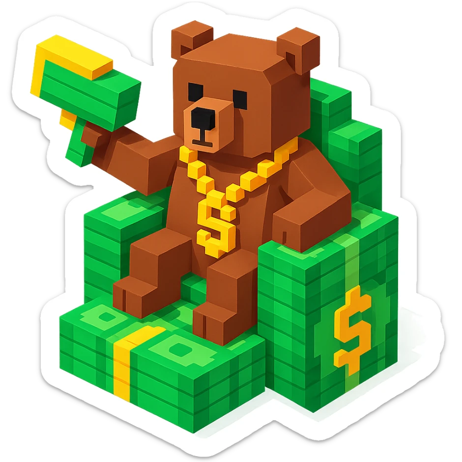 brown Russian grizzly bear with a rapper chain and a money gun, sitting on a throne of cash sticker