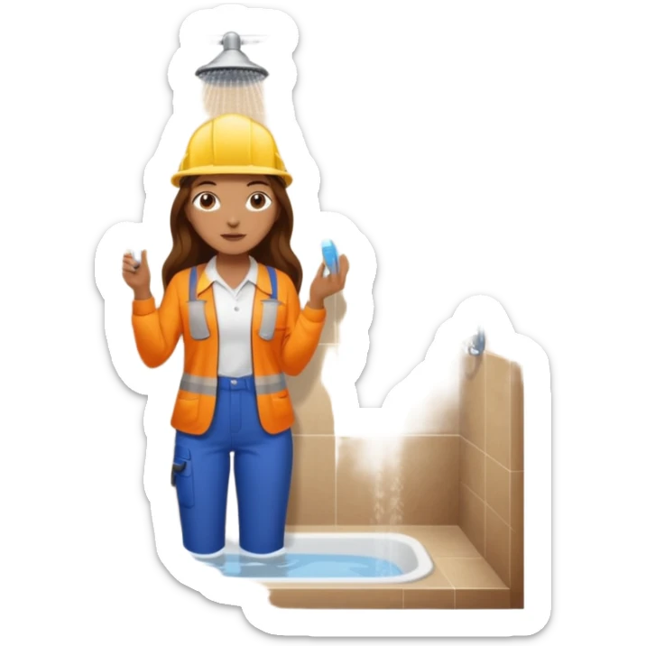 beautiful girl with long brown hair constructing new bathroom area with new shower and amenities  sticker