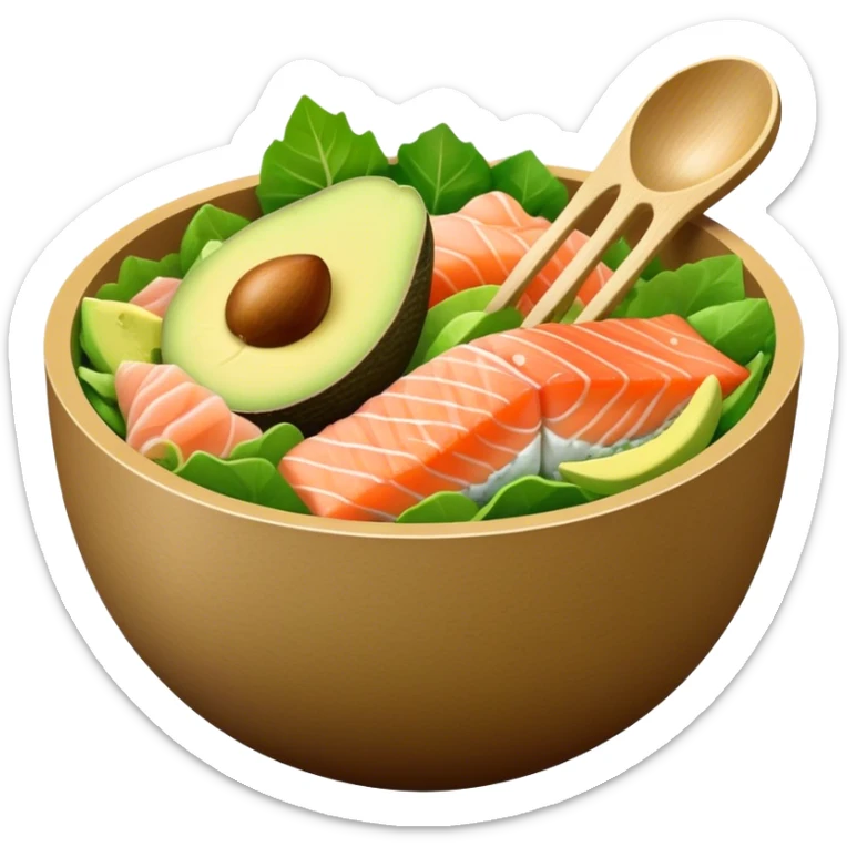 a brown carton bowl full of green salad, salmon sashimi and an avocado scoop on top sticker