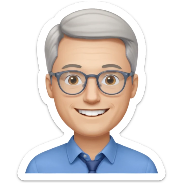30 yr old pale white man, grey side swept hair, round glasses, big smile, white teeth, handsome, longer hair, thin glasses, blue dress shirt sticker