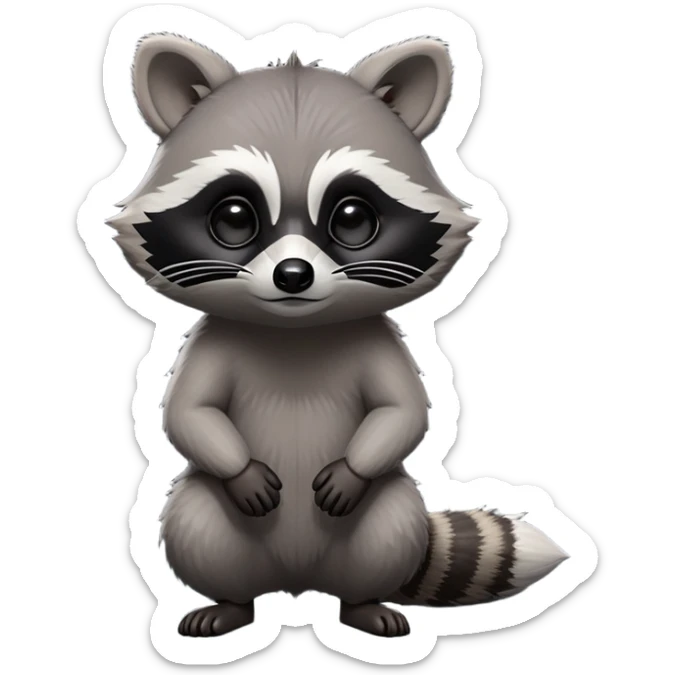 Cinematic-cute Raccoon-Realistic-hunched Full-Body on all fours-Emoji – Tail flicking lazily, head tilted dramatically, thick grey fur with a signature black mask, sharp and alert ears, simplified yet realistic focused features, highly detailed, glowing with an almost sarcastic glow. big black eyes sticker