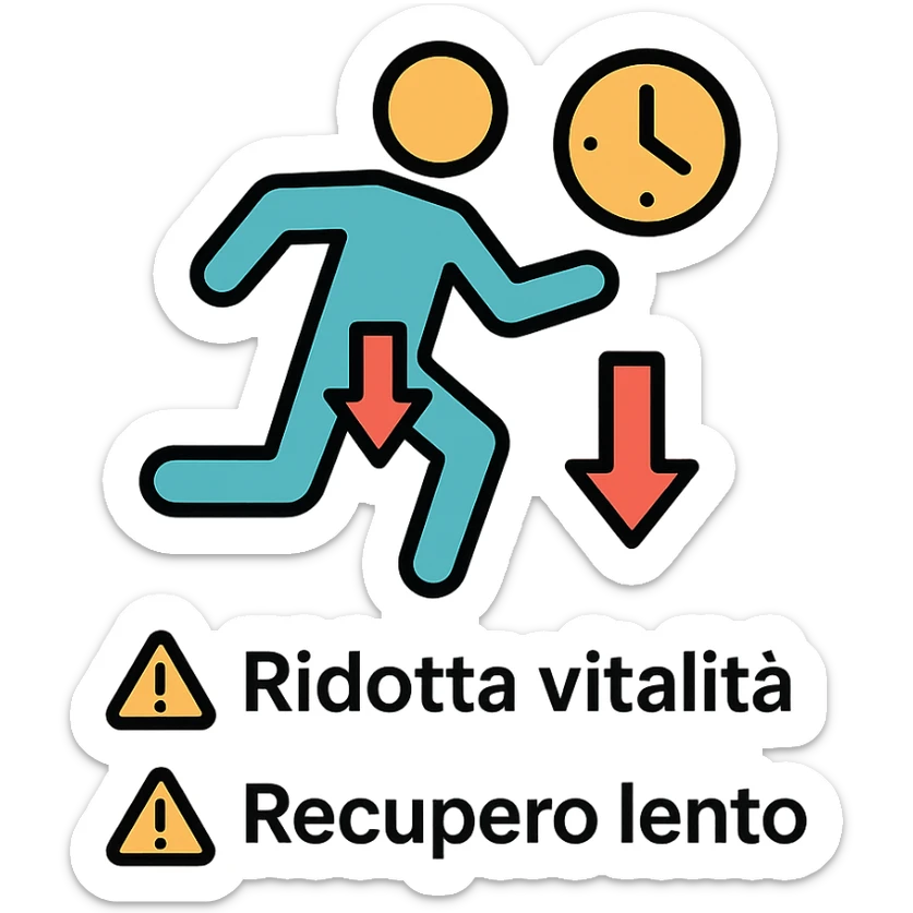 infografica in italiano, figura stilizzata di atleta con simbolo di orologio e freccia verso il basso nella zona pelvica, didascalie Ridotta vitalità e Recupero lento, icone di avviso, sfondo bianco sticker