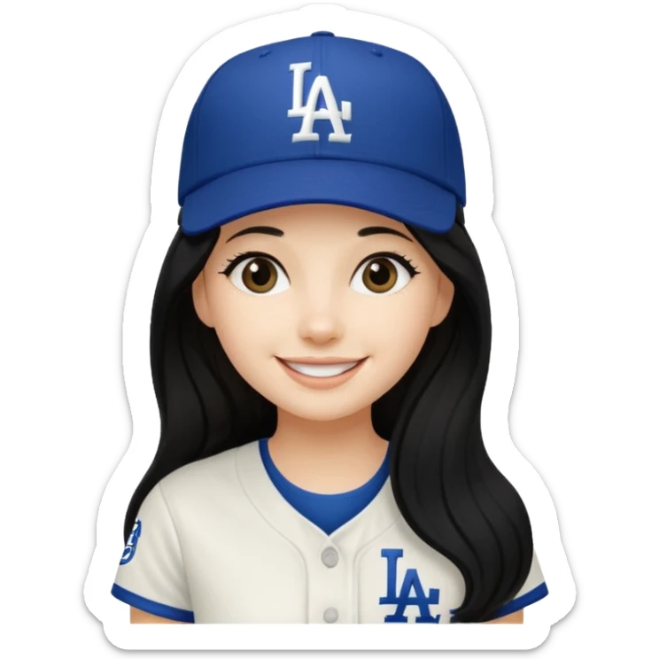Can you make an emoji of a girl with fair skin with black long hair wearing an LA dodger hat. Only include her face no neck.  sticker
