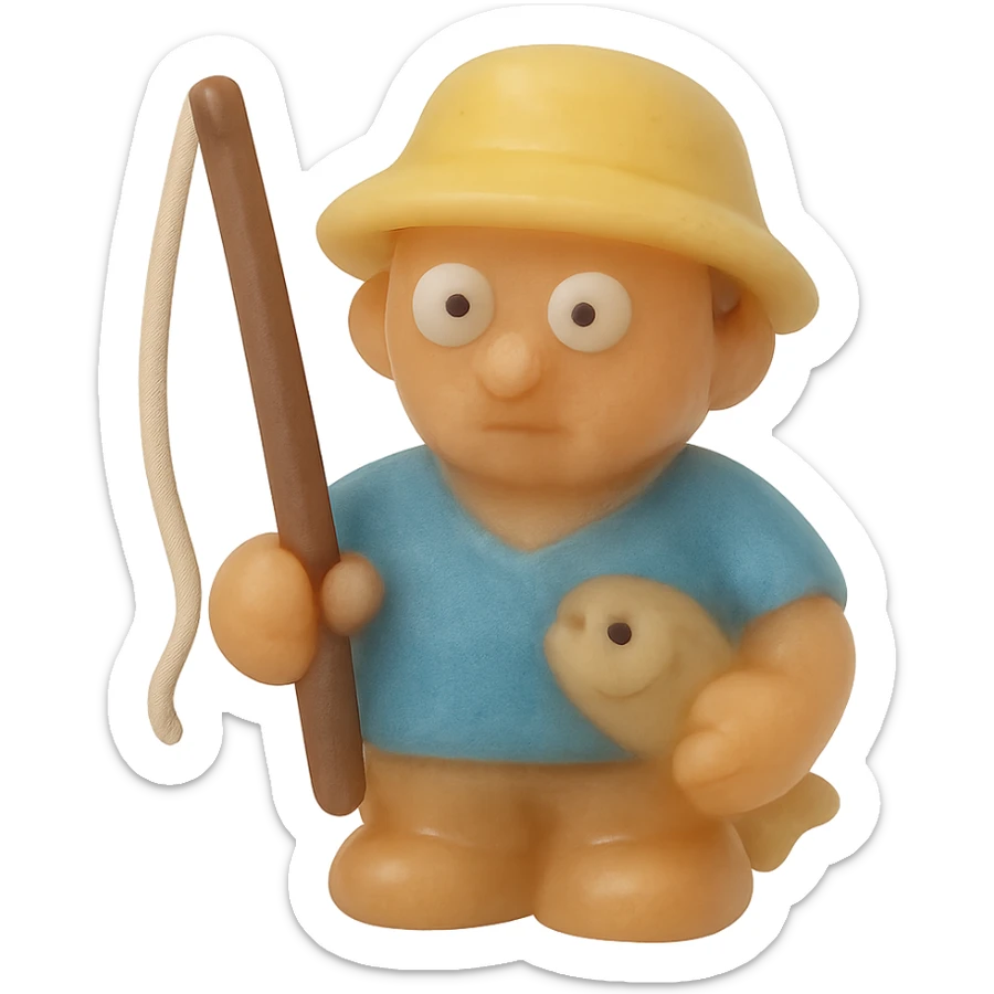 Make the fisherman much more transparent and match the exact retro 90's toy style of the previous ocean animal emojis. Use natural colors (tan skin, blue shirt, yellow hat), derpy eyes, no tag, no background. Soft plastic, soft reflections, soft and squishy, some cloudiness, not shiny, highly detailed, appealing. The style should resemble retro 90's soft plastic toy style with soft reflections and cloudiness, not shiny. sticker