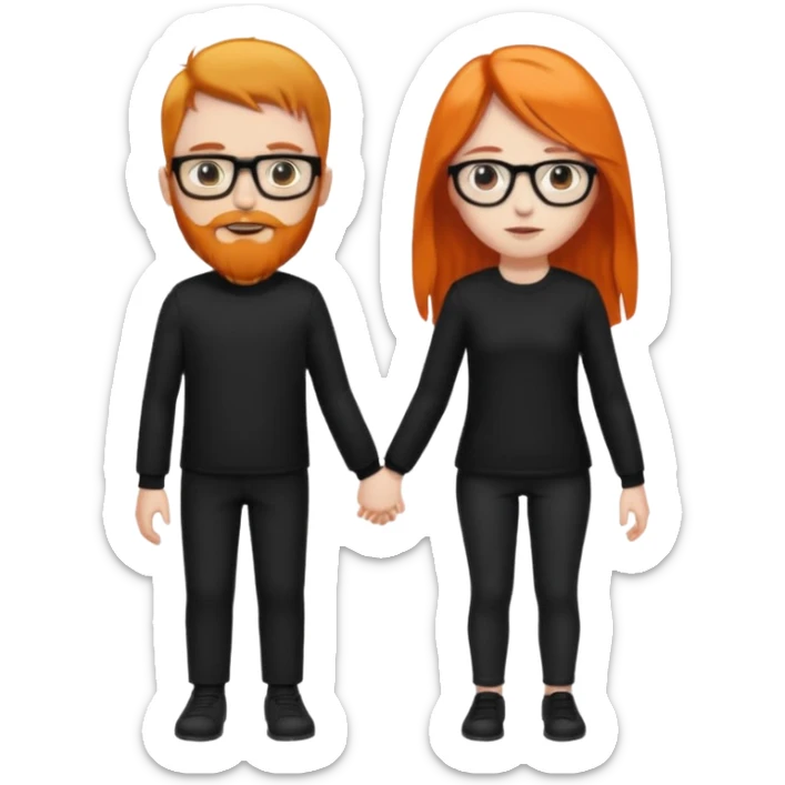 girl with long orange hair wearing no glasses and all black clothes and holding hands with boy with black hair and beard and glasses and pale skin sticker