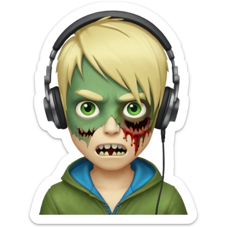 boy zombie whit blonde emo hair and eyes blue and GREEN SKIN and heandphones AND A MICROFONE AND GOLD TEETH and agesive face sticker