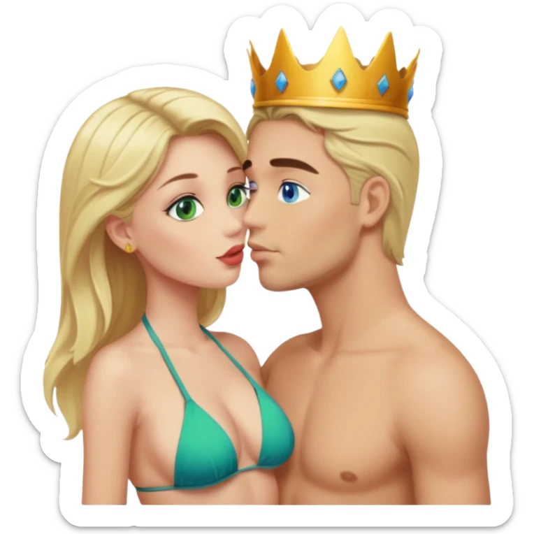 Blonde Queen Green eyes with crown in Bikini kissing Male subject without crown dark Hair blue eyes sticker