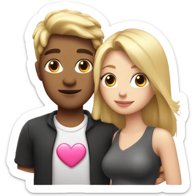 Cute white couple, blonde hair woman and man  dark haired kissing holding a pink heart sticker