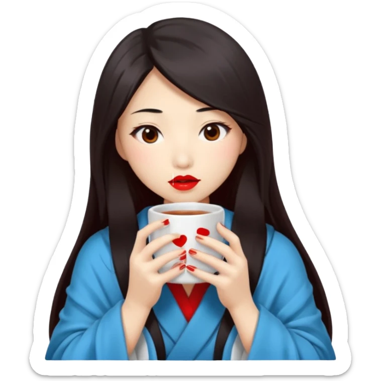 sexy asian japanese girl, red lips, long dark hair, feeling ill, sickness, nose is red due to sickness, head and body covered by blanket, holding tea mug in hands sticker