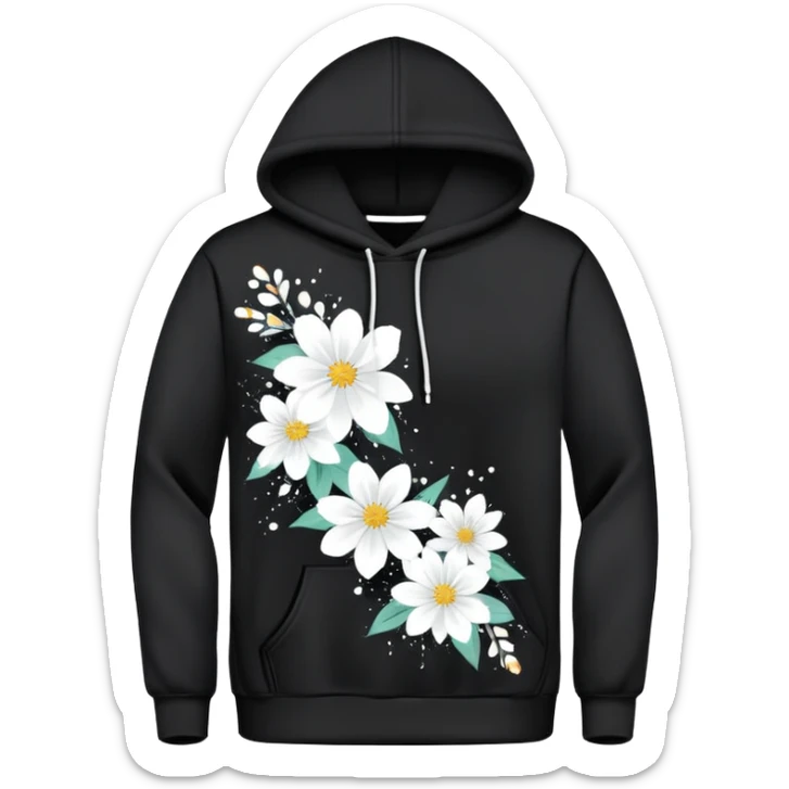  Black Hoodie with White Floral Splatter 
A sleek black hoodie featuring a scattered white floral pattern, blending streetwear vibes with artistic expression. Perfect for casual wear or making a bold statement. sticker
