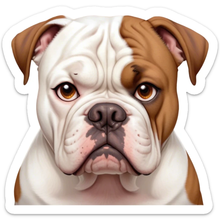 Cinematic Meme-Worthy Grumpy White and Brown American Bulldog Portrait Emoji, Head held high but eyes filled with dramatic disappointment, short white fur with striking brown patches, deeply furrowed brow creating an unmistakable scowl, floppy ears slightly angled back in disapproval, piercing brown eyes glaring with pure exasperation, Simplified yet hilariously over-exaggerated features, highly detailed, glowing with an aura of supreme annoyance, high shine, exhausted yet judgmental, stylized with an almost regal pettiness, bright but brooding, soft glowing outline, capturing the essence of a pup that has seen it all and is thoroughly unimpressed, so meme-worthy it feels like it could instantly become the next viral sensation of grumpiness! sticker