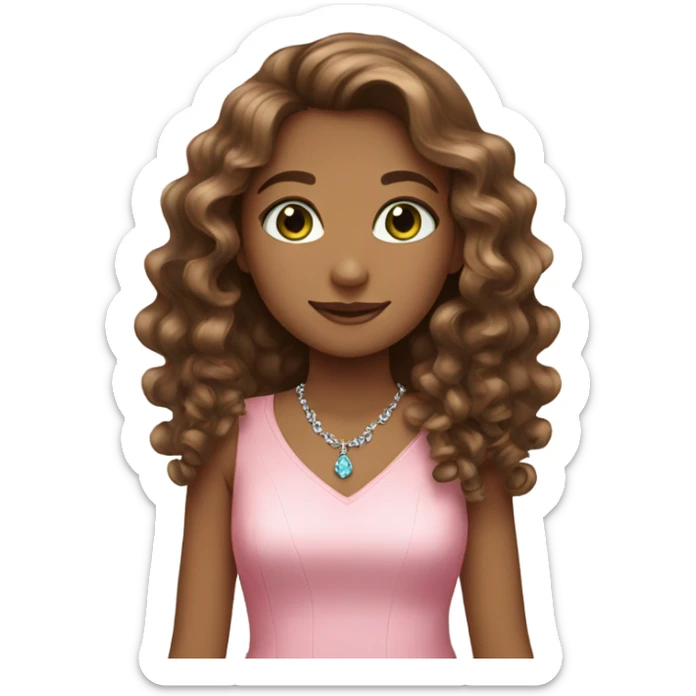 Girl with blue/green eyes, curly long brown hair, with a pink dress and sparkling neck less  sticker