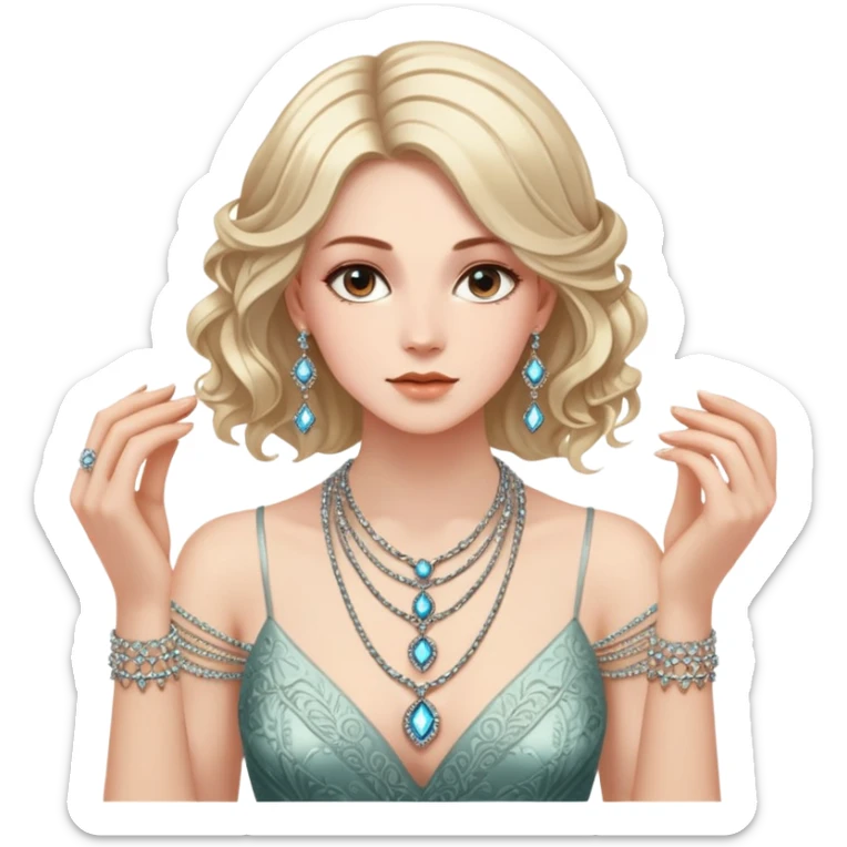 "A woman elegantly holds several shimmering necklaces in her hands, her gaze focused on the intricate details of each piece. She wears a simple dress and her hair is neatly styled." sticker