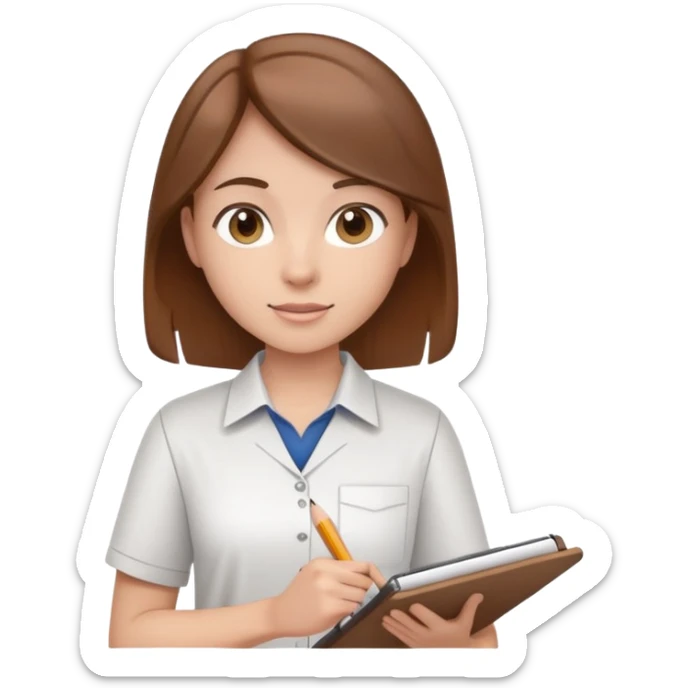 Intern or volunteer with brown hair holding a clipboard and pencil, ready to take notes or assist. The character wears a simple shirt and has an eager posture sticker
