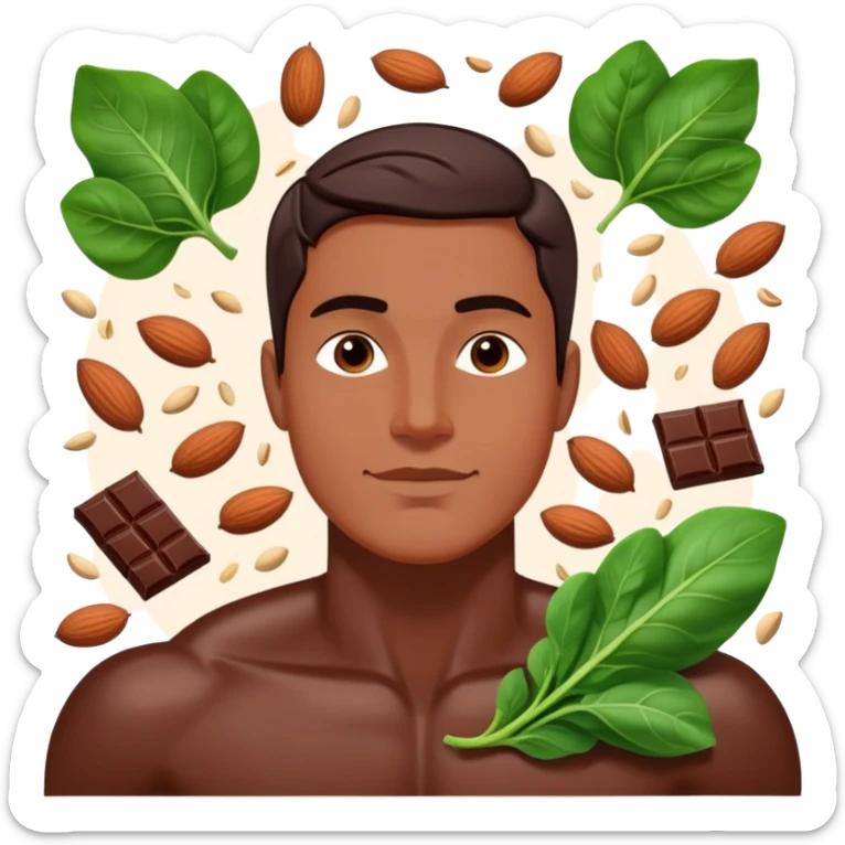 Relaxed male figure surrounded by floating foods: large pieces of shiny dark chocolate prominently displayed, with spinach leaves, almonds, and seeds. Soft light connecting these magnesium-rich foods to muscles and nervous system, showing a soothing effect on the man's body. sticker