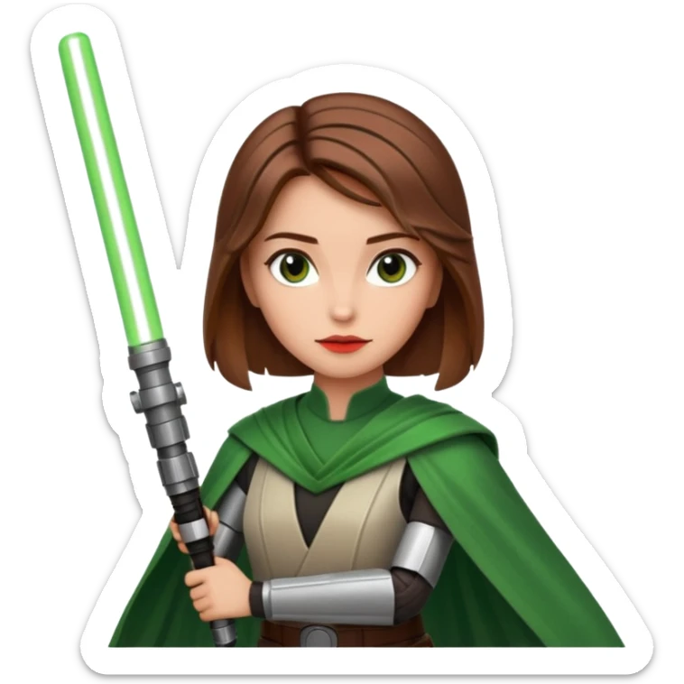 Ios 18 starwars theme ( jedi, robots etc..) brown hair lady with lightaber green or red sticker
