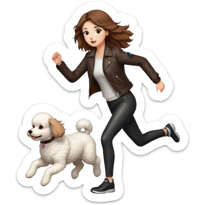 A beautiful tall girl with fair skin and long hair wearing a jacket and running with a white Bichon Frise sticker