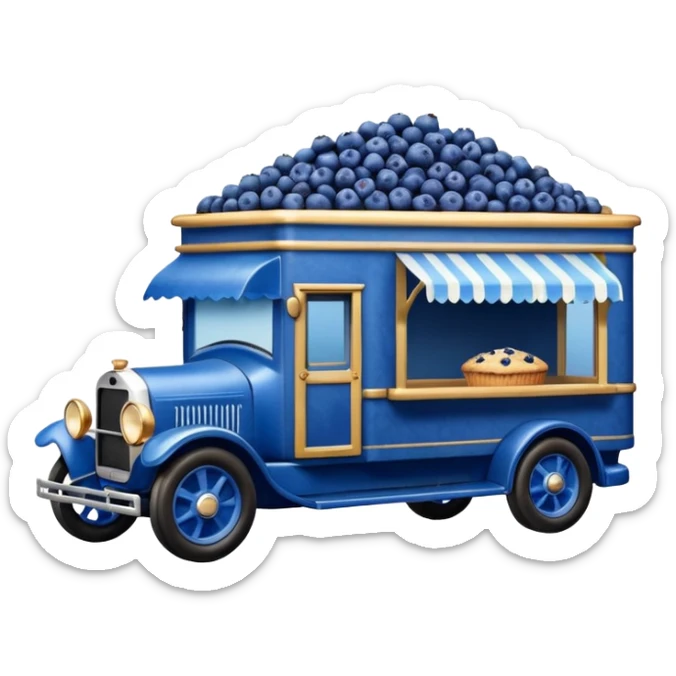 shiny crushed-dark-blue crystal-bodied frozen blueberry muffin pie 1912 antique long-wheelbase cab over durable-looking low rider moving truck food truck  sticker