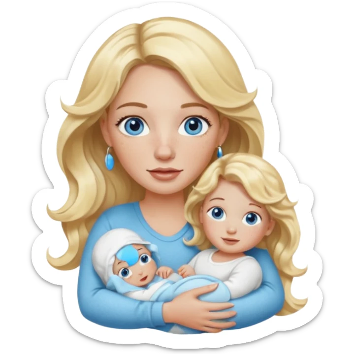 Wavy blonde, white woman with blue eyes, freckles hoop earrings, holding babies sticker