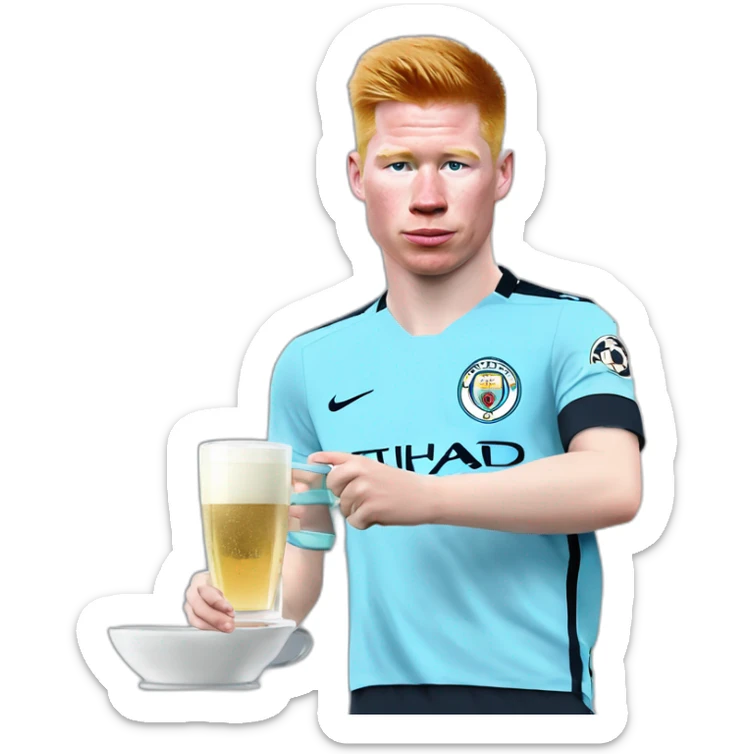 Kevin de Bruyne with a shirt of Manchester City drinking tea ,on the cup there the flag of Real Madrid  sticker