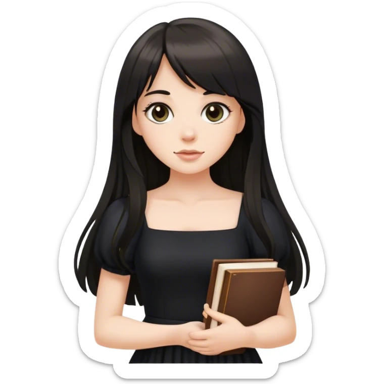 Beautiful white girl, with dark very long hair with bang, wearing black dress, holding books sticker