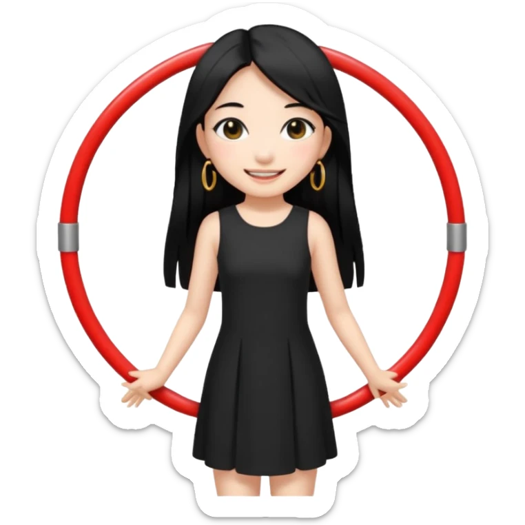 A Asian girl with fare skin and hoop earrings, long straight black hair with black eyes, smiling, full body sticker
