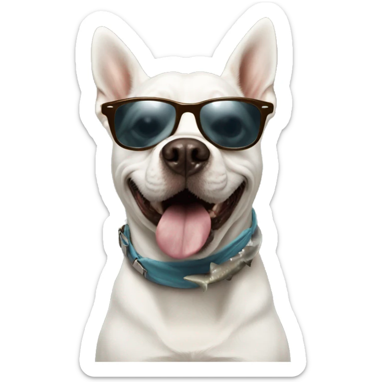 Dog on a shark wearing ugly sunglasses with poop on the head at the dog really really tall sticker