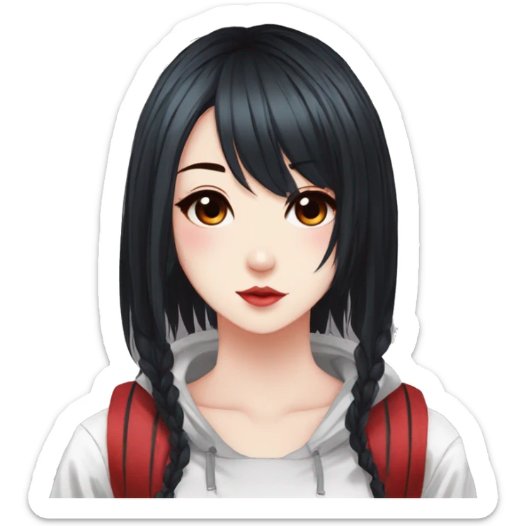 Gorgeous anime style lady with blushing face aesthetic and pretty edgy black red punk hair with hair garment trending style sticker