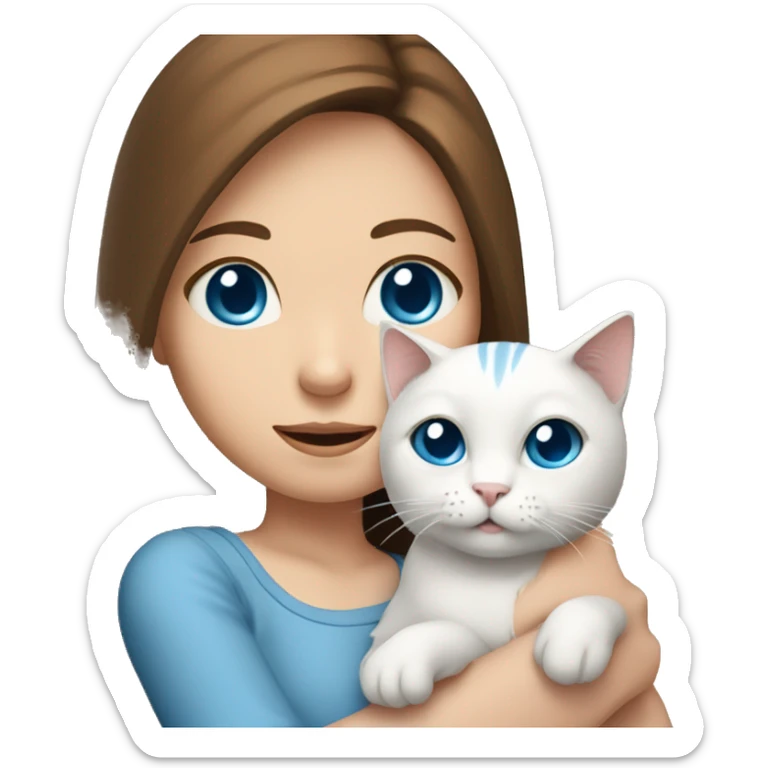 A girl with brown hair down to her shoulders and blue eyes holds a white cat with a gray muzzle in her hand sticker