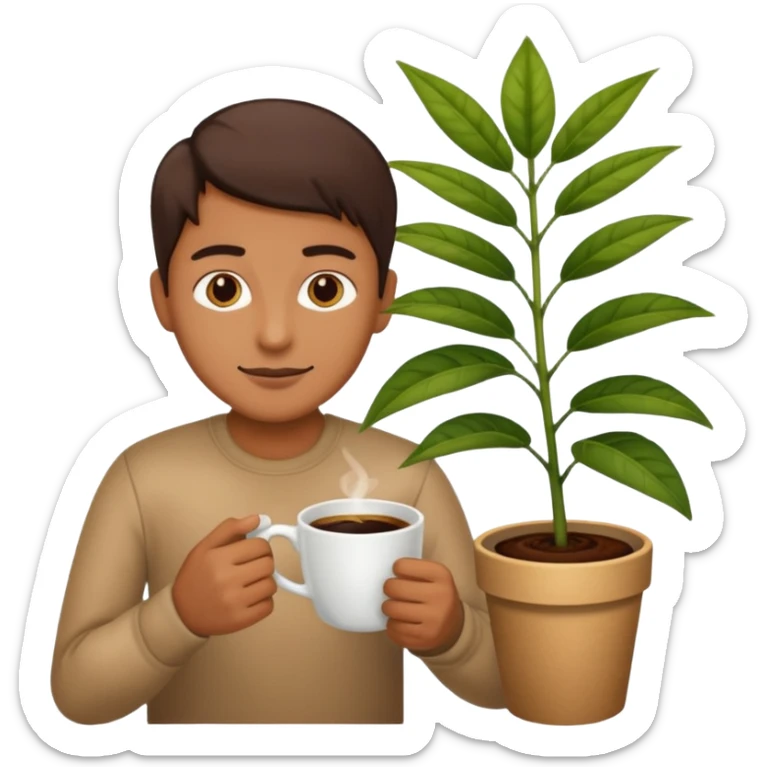 The plant nearby with the cup of coffee  sticker